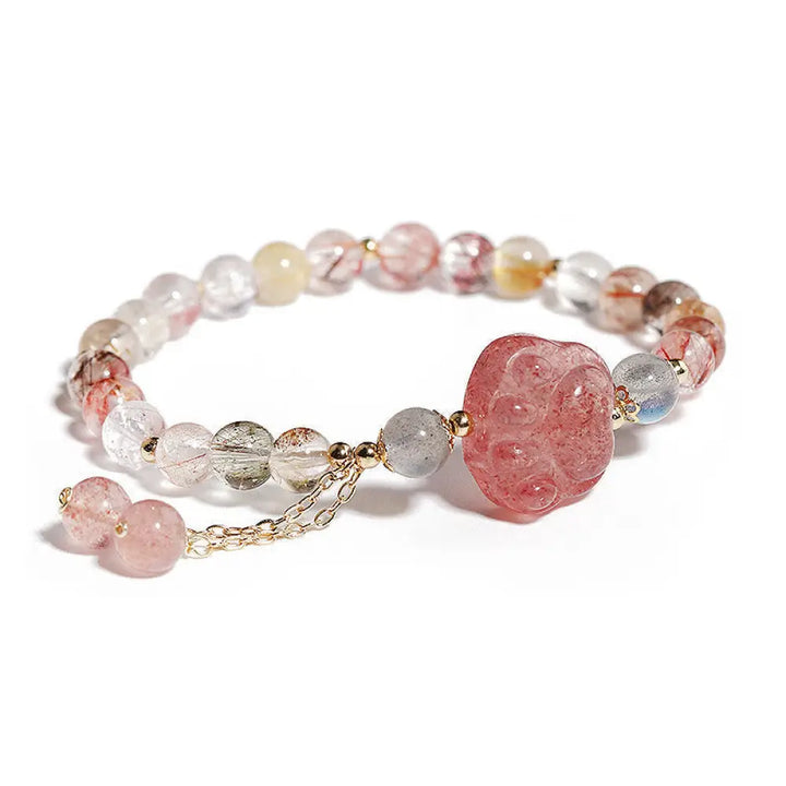 BWOOOH Natural Strawberry Quartz Cat Paw Claw Colorful Rutilated Quartz Moonstone Love Bracelet - BWOOOH