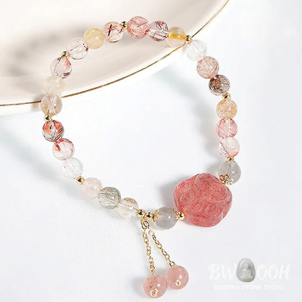 Buddha Stones Natural Strawberry Quartz Cat Paw Claw Colorful Rutilated Quartz Moonstone Love Bracelet - BWOOOH