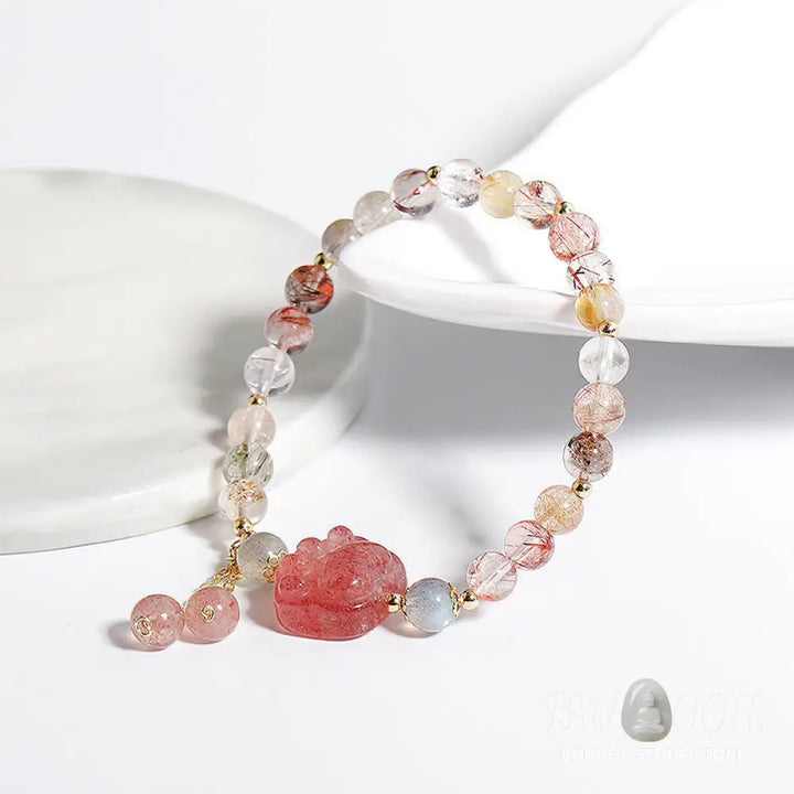 Buddha Stones Natural Strawberry Quartz Cat Paw Claw Colorful Rutilated Quartz Moonstone Love Bracelet - BWOOOH