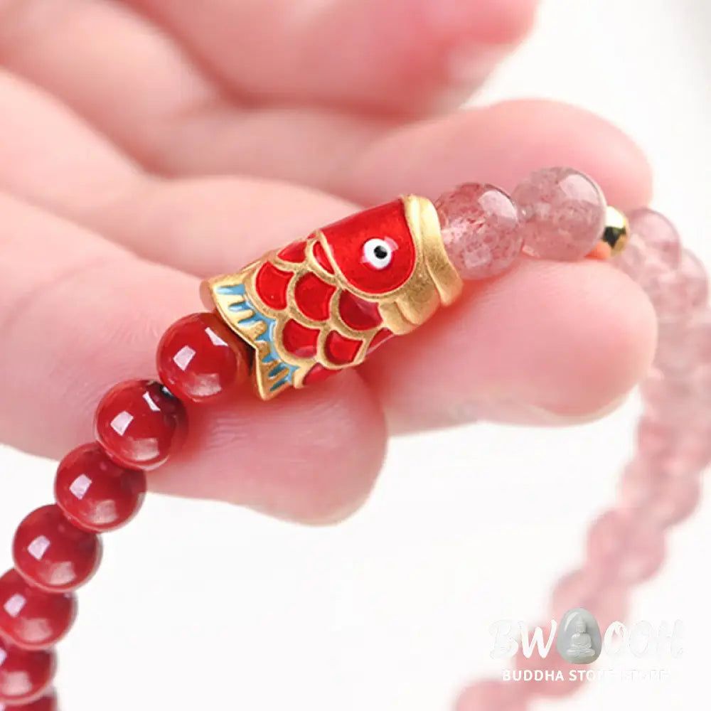 Buddha Stones Natural Strawberry Quartz Cinnabar Lucky Koi Fish Healing Bracelet - Bracelet