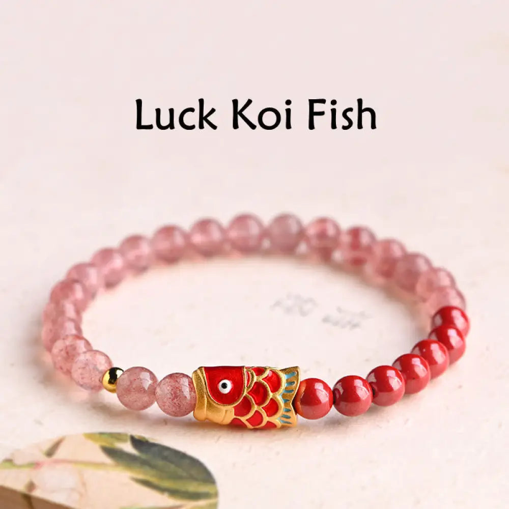 Buddha Stones Natural Strawberry Quartz Cinnabar Lucky Koi Fish Healing Bracelet - 14cm - Bracelet