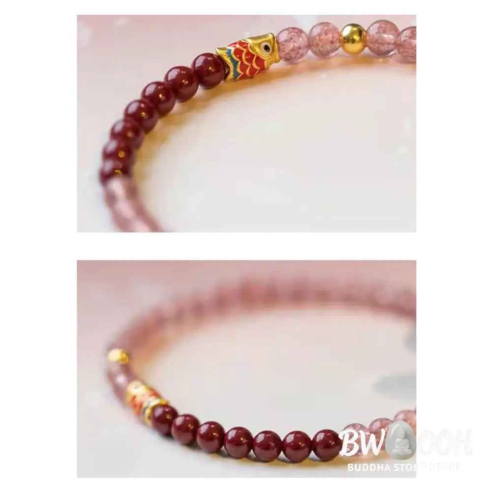 Buddha Stones Natural Strawberry Quartz Cinnabar Lucky Koi Fish Healing Bracelet - Bracelet