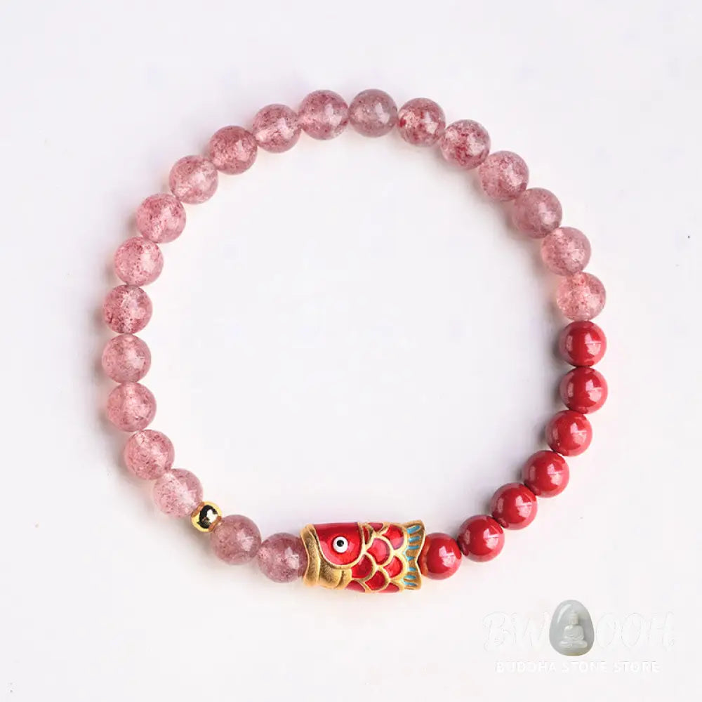 Buddha Stones Natural Strawberry Quartz Cinnabar Lucky Koi Fish Healing Bracelet - Bracelet
