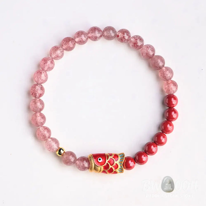 Buddha Stones Natural Strawberry Quartz Cinnabar Lucky Koi Fish Healing Bracelet - Bracelet