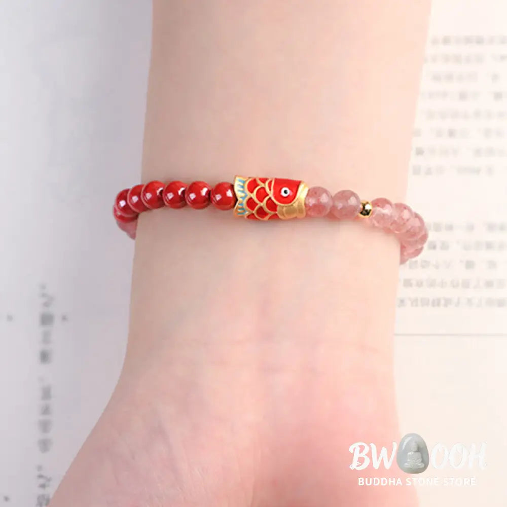 Buddha Stones Natural Strawberry Quartz Cinnabar Lucky Koi Fish Healing Bracelet - Bracelet