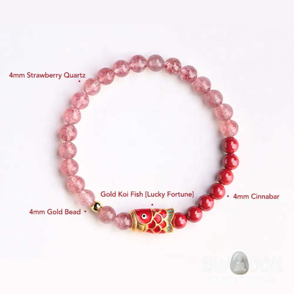 Buddha Stones Natural Strawberry Quartz Cinnabar Lucky Koi Fish Healing Bracelet - Bracelet