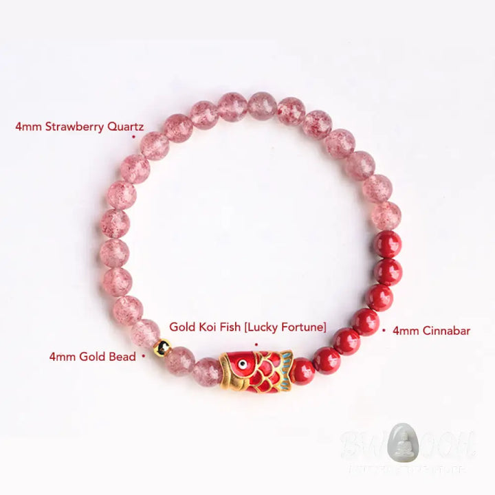 Buddha Stones Natural Strawberry Quartz Cinnabar Lucky Koi Fish Healing Bracelet - Bracelet