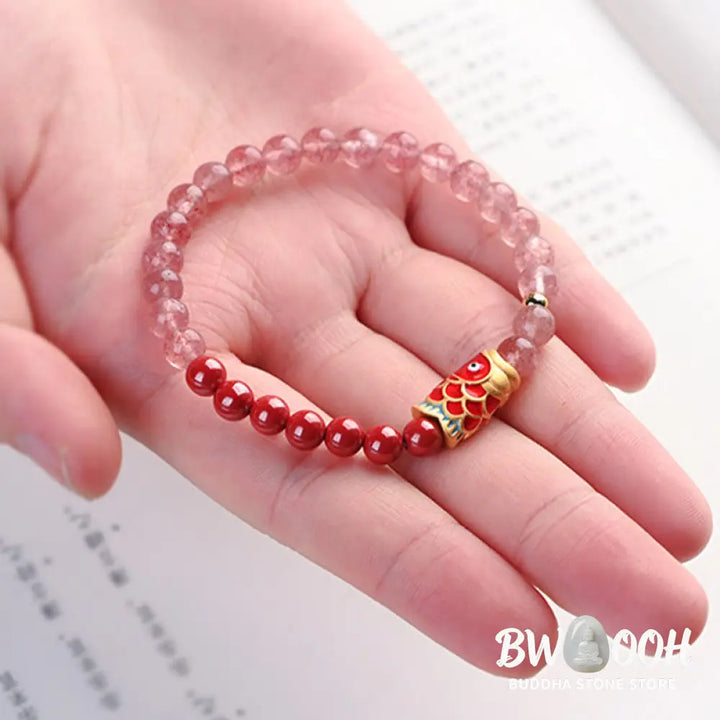 Buddha Stones Natural Strawberry Quartz Cinnabar Lucky Koi Fish Healing Bracelet - Bracelet