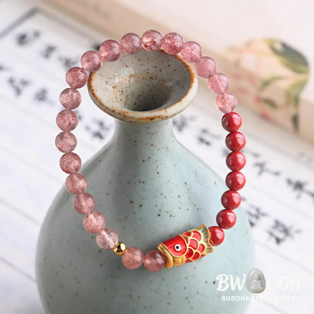 Buddha Stones Natural Strawberry Quartz Cinnabar Lucky Koi Fish Healing Bracelet - Bracelet