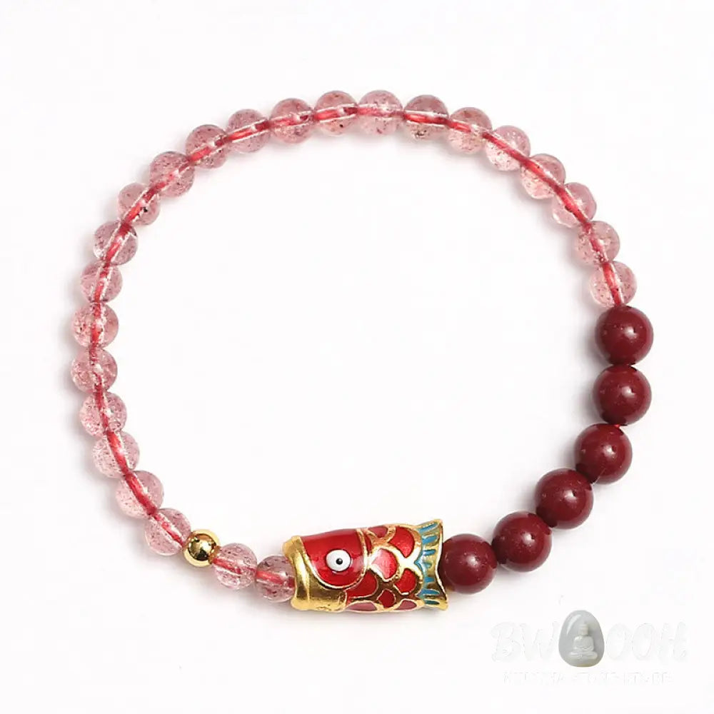 Buddha Stones Natural Strawberry Quartz Cinnabar Lucky Koi Fish Healing Bracelet - Bracelet