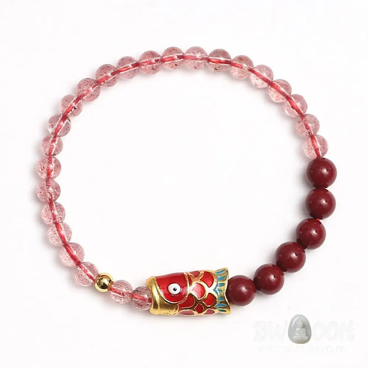 Buddha Stones Natural Strawberry Quartz Cinnabar Lucky Koi Fish Healing Bracelet - Bracelet