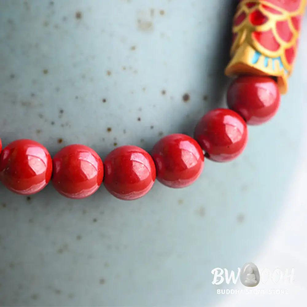 Buddha Stones Natural Strawberry Quartz Cinnabar Lucky Koi Fish Healing Bracelet - Bracelet