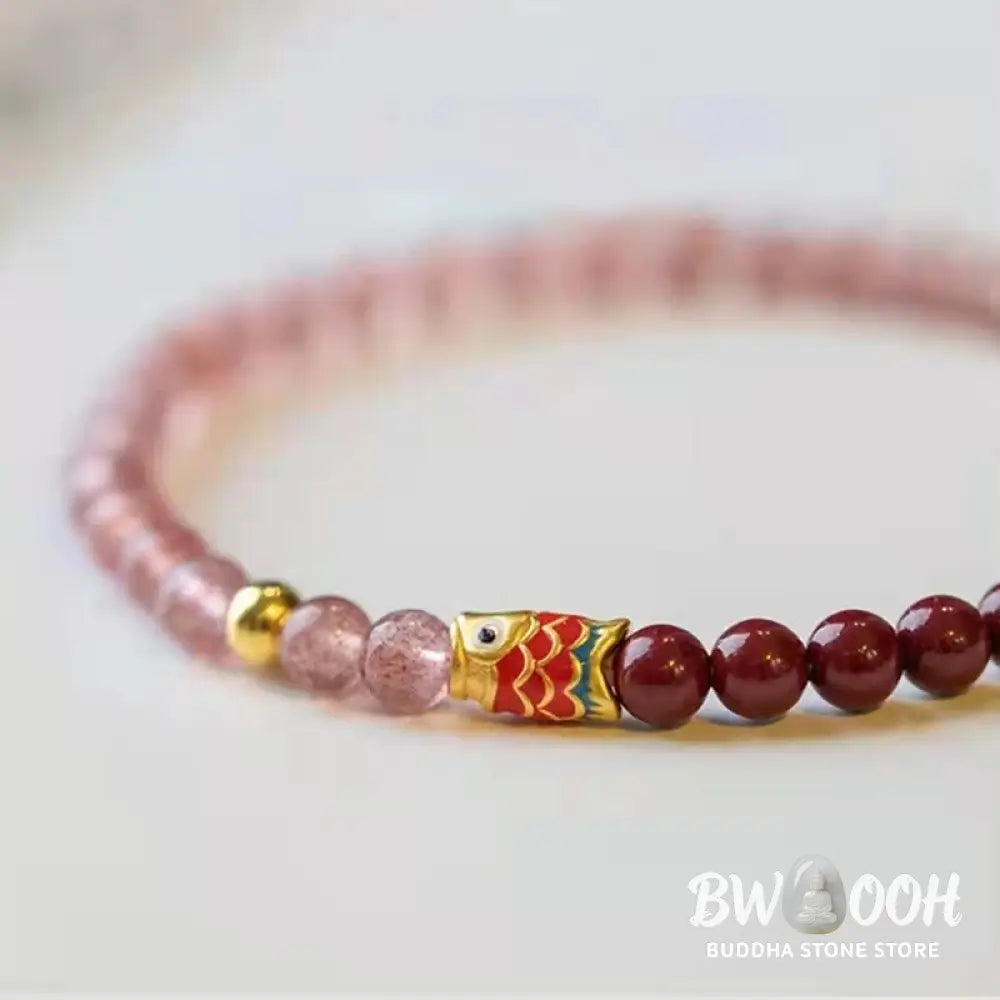 Buddha Stones Natural Strawberry Quartz Cinnabar Lucky Koi Fish Healing Bracelet - Bracelet