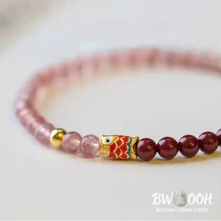 Buddha Stones Natural Strawberry Quartz Cinnabar Lucky Koi Fish Healing Bracelet - Bracelet