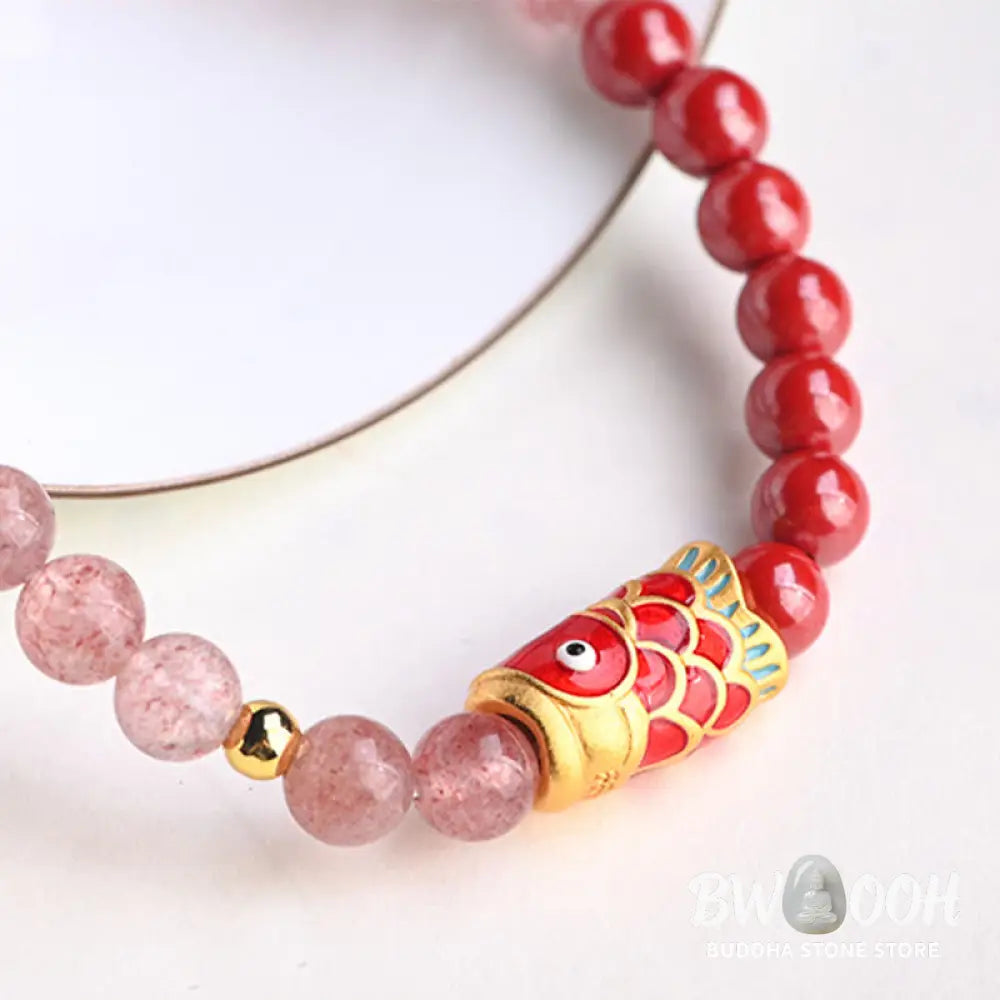 Buddha Stones Natural Strawberry Quartz Cinnabar Lucky Koi Fish Healing Bracelet - Bracelet