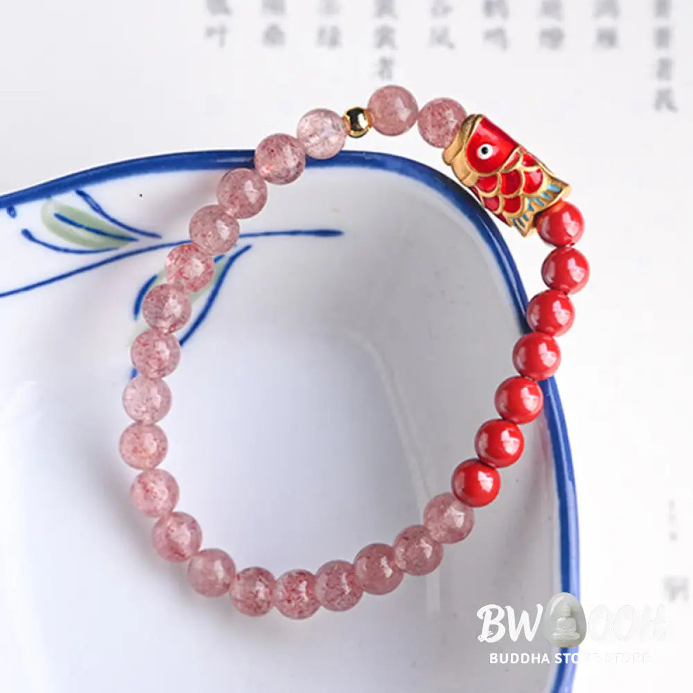 Buddha Stones Natural Strawberry Quartz Cinnabar Lucky Koi Fish Healing Bracelet - Bracelet