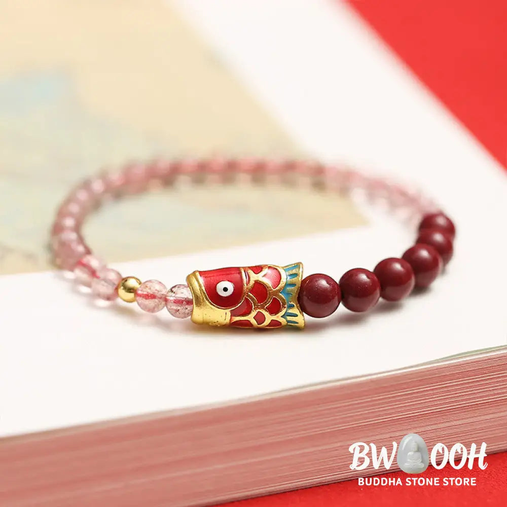 Buddha Stones Natural Strawberry Quartz Cinnabar Lucky Koi Fish Healing Bracelet - Bracelet