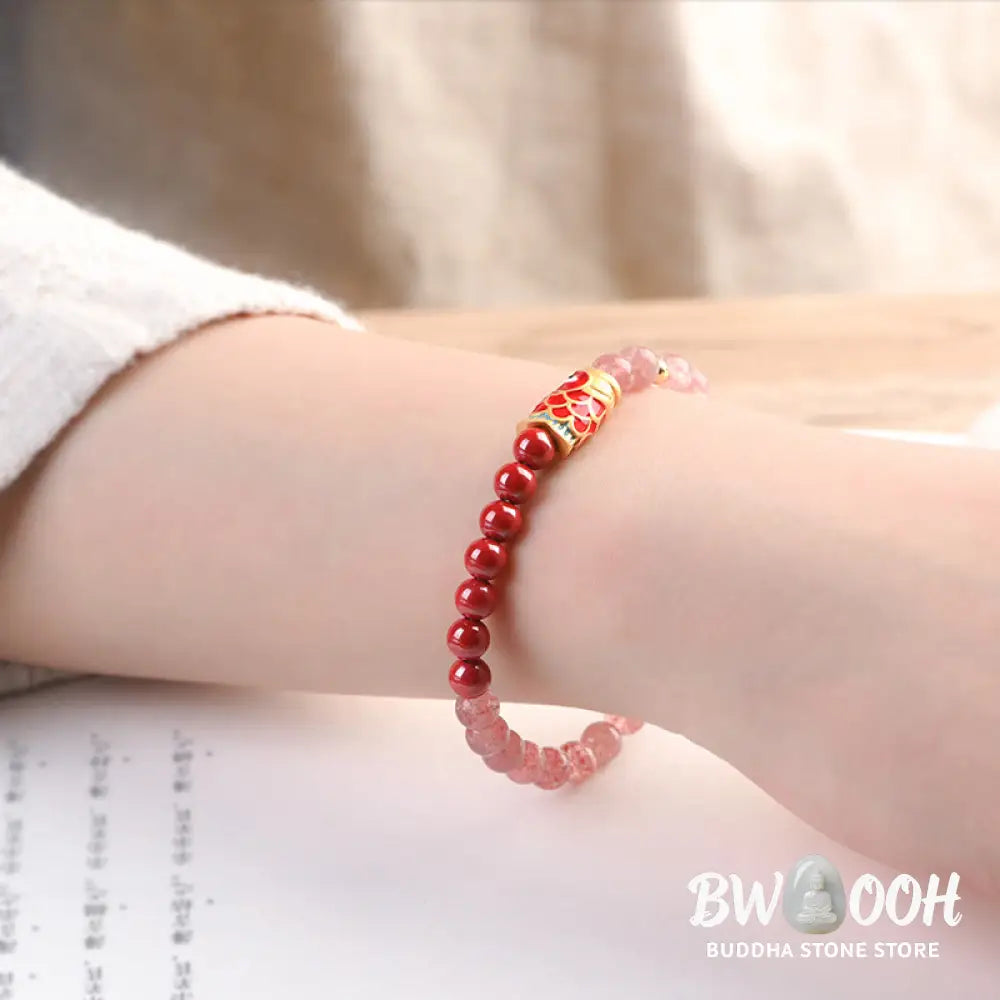 Buddha Stones Natural Strawberry Quartz Cinnabar Lucky Koi Fish Healing Bracelet - Bracelet