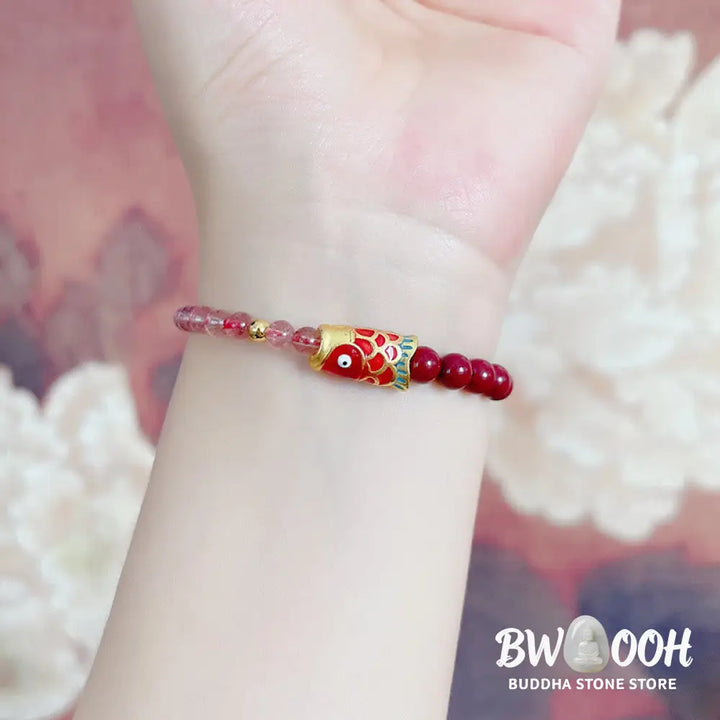 Buddha Stones Natural Strawberry Quartz Cinnabar Lucky Koi Fish Healing Bracelet - Bracelet