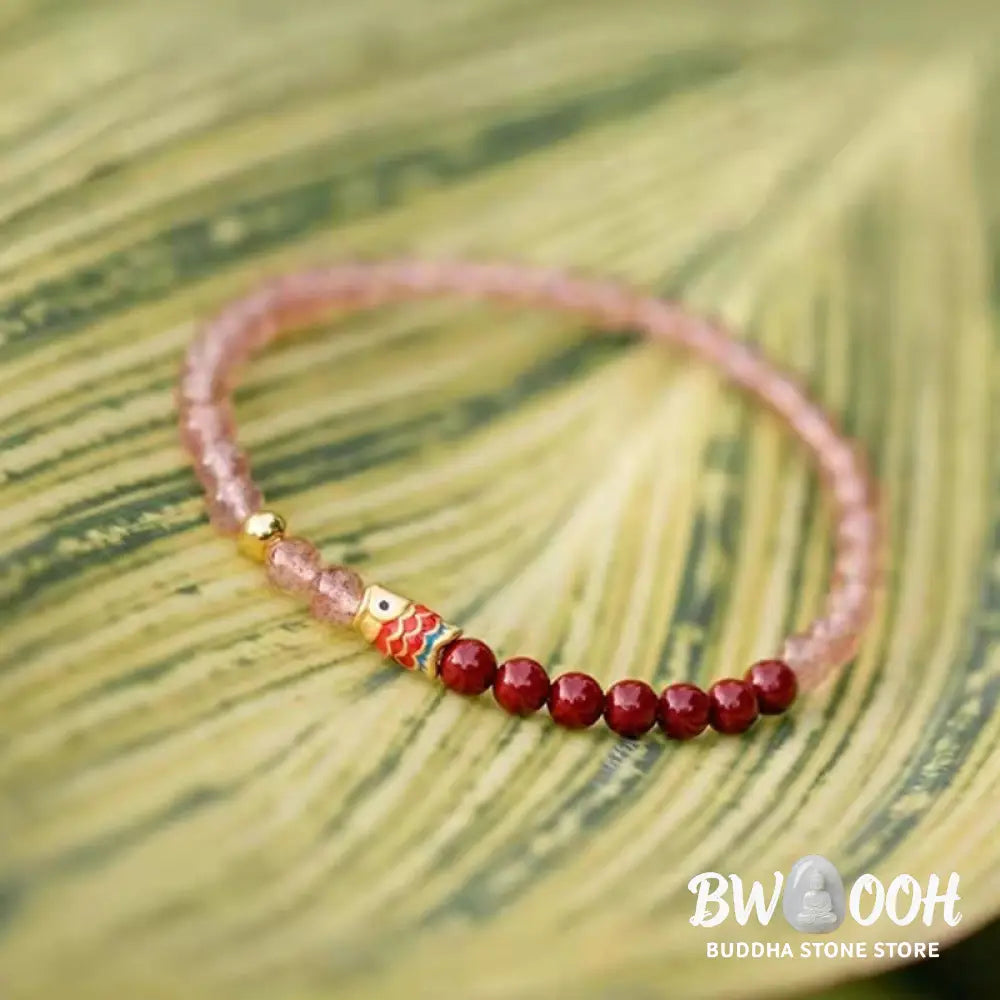 Buddha Stones Natural Strawberry Quartz Cinnabar Lucky Koi Fish Healing Bracelet - Bracelet