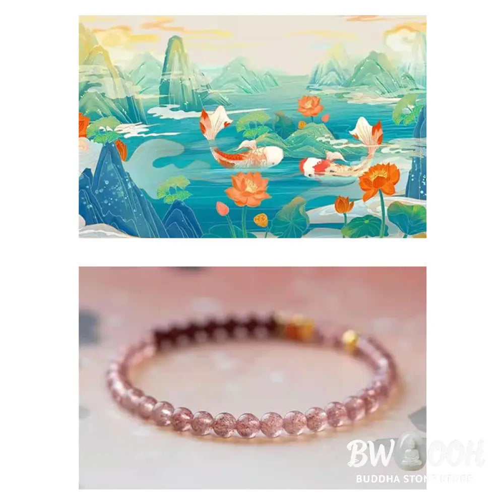 Buddha Stones Natural Strawberry Quartz Cinnabar Lucky Koi Fish Healing Bracelet - Bracelet