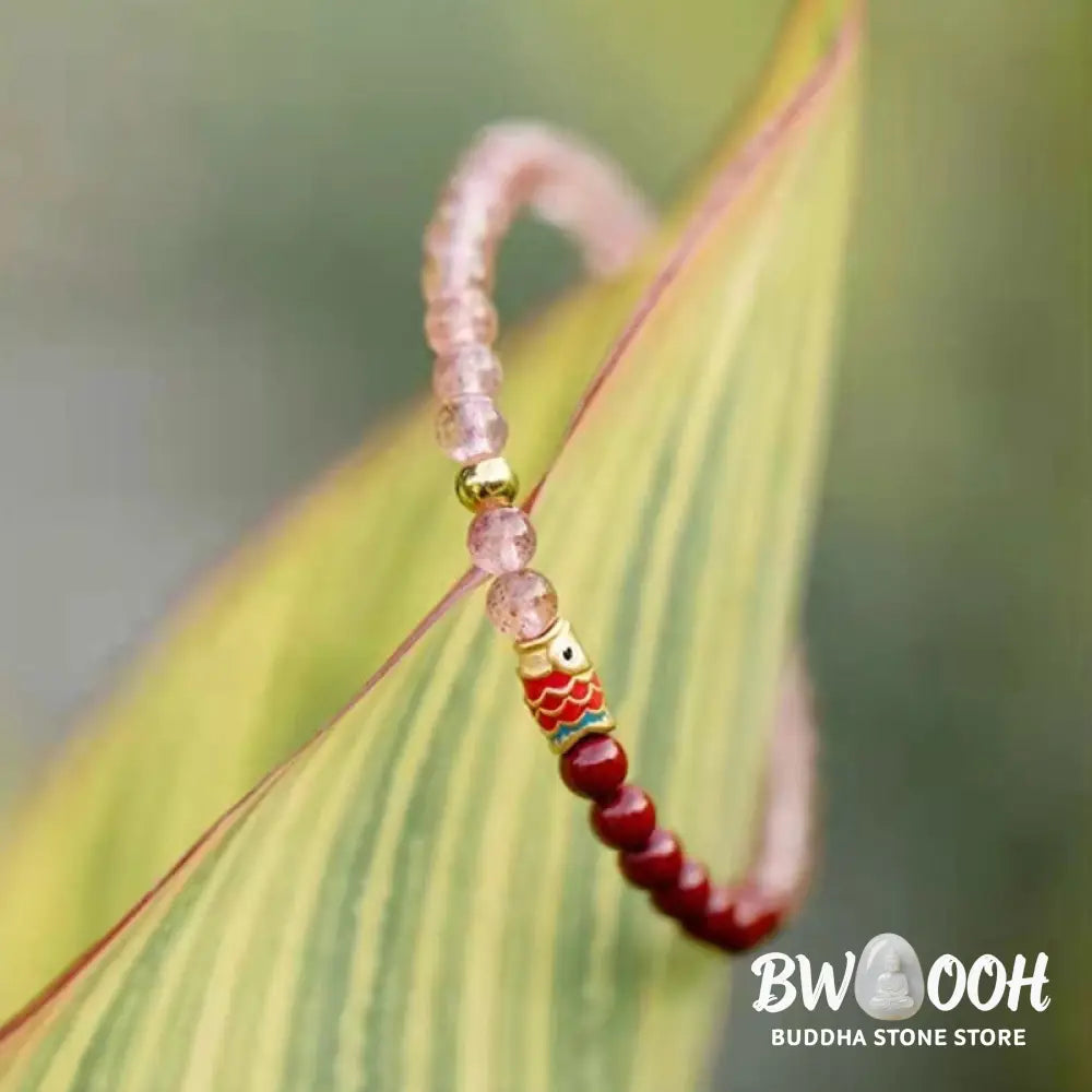 Buddha Stones Natural Strawberry Quartz Cinnabar Lucky Koi Fish Healing Bracelet - Bracelet