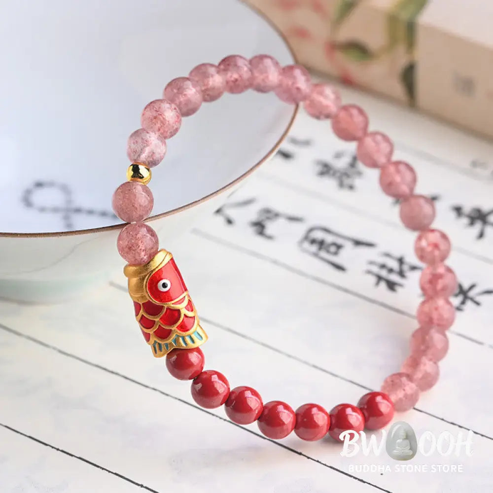 Buddha Stones Natural Strawberry Quartz Cinnabar Lucky Koi Fish Healing Bracelet - Bracelet