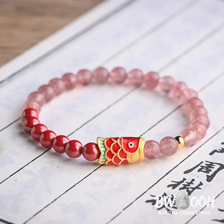 Buddha Stones Natural Strawberry Quartz Cinnabar Lucky Koi Fish Healing Bracelet - Bracelet