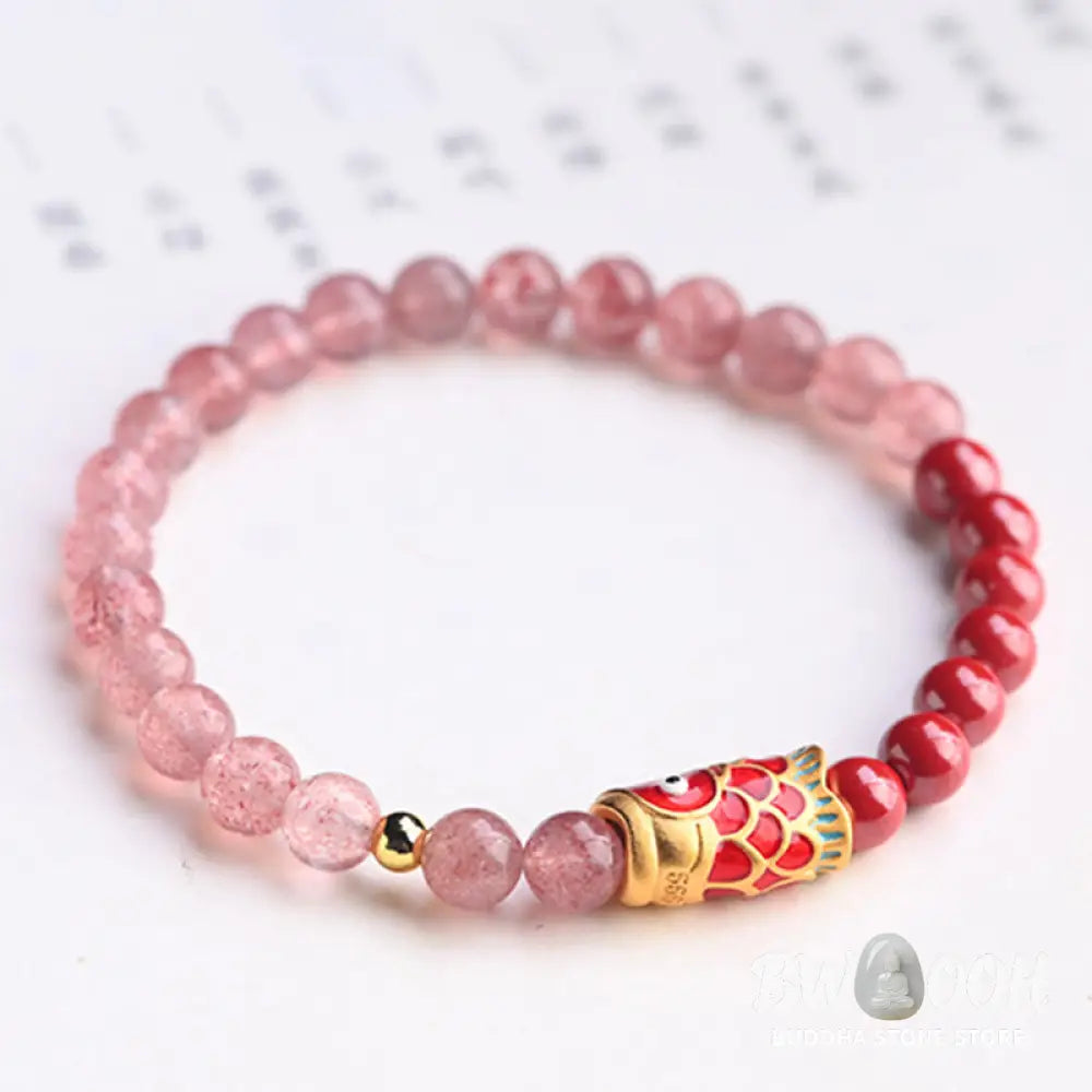 Buddha Stones Natural Strawberry Quartz Cinnabar Lucky Koi Fish Healing Bracelet - Bracelet