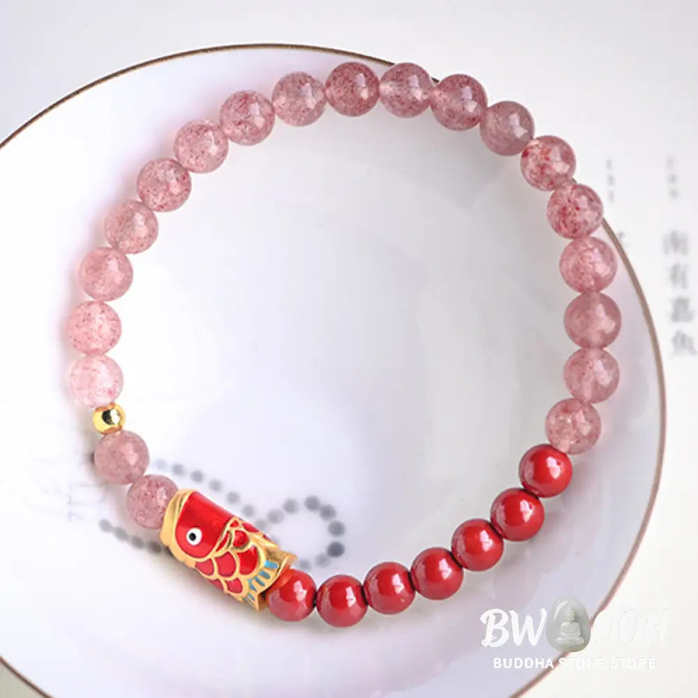 Buddha Stones Natural Strawberry Quartz Cinnabar Lucky Koi Fish Healing Bracelet - Bracelet