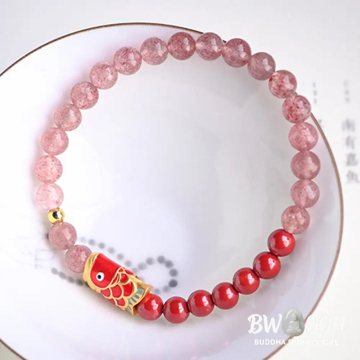 Buddha Stones Natural Strawberry Quartz Cinnabar Lucky Koi Fish Healing Bracelet - Bracelet