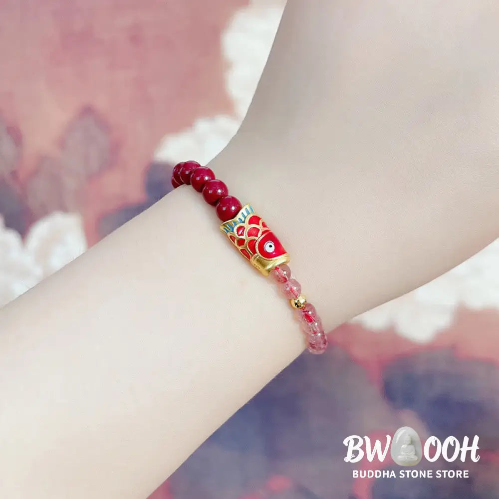 Buddha Stones Natural Strawberry Quartz Cinnabar Lucky Koi Fish Healing Bracelet - Bracelet
