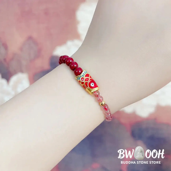 Buddha Stones Natural Strawberry Quartz Cinnabar Lucky Koi Fish Healing Bracelet - Bracelet