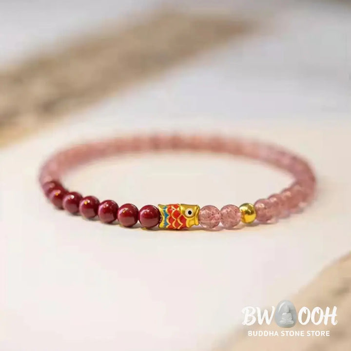 Buddha Stones Natural Strawberry Quartz Cinnabar Lucky Koi Fish Healing Bracelet - Bracelet
