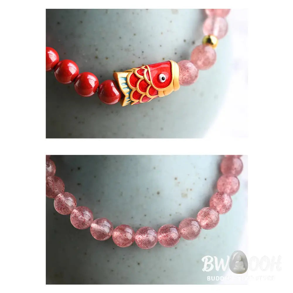 Buddha Stones Natural Strawberry Quartz Cinnabar Lucky Koi Fish Healing Bracelet - Bracelet