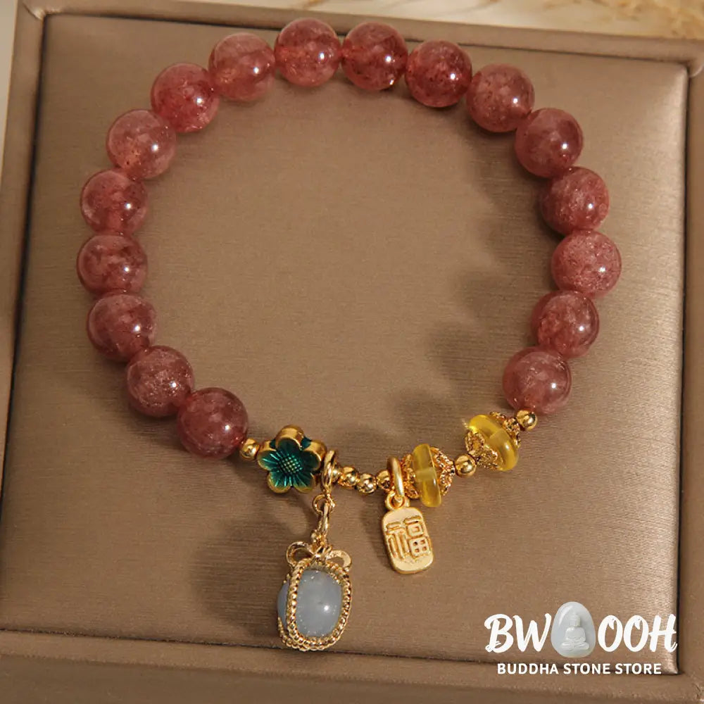 Buddha Stones Natural Strawberry Quartz Crystal Aquamarine Fortune Brand Love Bracelet - BWOOOH - Strawberry Crystal