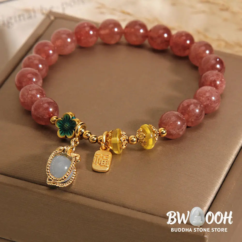 Buddha Stones Natural Strawberry Quartz Crystal Aquamarine Fortune Brand Love Bracelet - BWOOOH - Strawberry Crystal