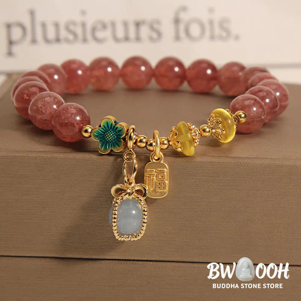 Buddha Stones Natural Strawberry Quartz Crystal Aquamarine Fortune Brand Love Bracelet - BWOOOH - Strawberry Crystal
