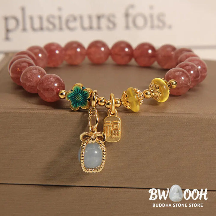 Buddha Stones Natural Strawberry Quartz Crystal Aquamarine Fortune Brand Love Bracelet - BWOOOH - Strawberry Crystal
