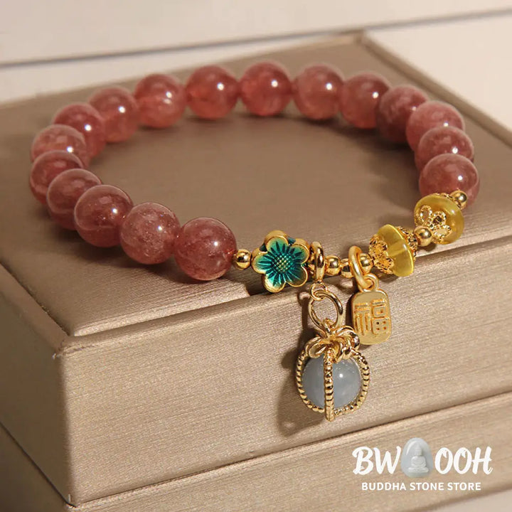 Buddha Stones Natural Strawberry Quartz Crystal Aquamarine Fortune Brand Love Bracelet - BWOOOH - Strawberry Crystal
