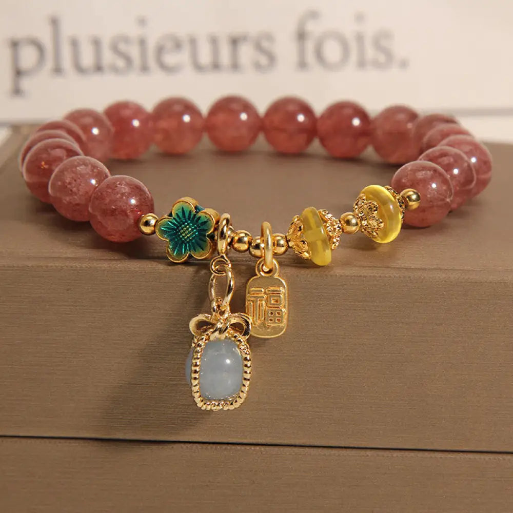 BWOOOH Natural Strawberry Quartz Crystal Aquamarine Fortune Brand Love Bracelet - BWOOOH - Strawberry Crystal