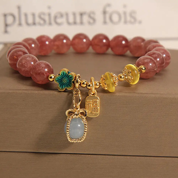 BWOOOH Natural Strawberry Quartz Crystal Aquamarine Fortune Brand Love Bracelet - BWOOOH - Strawberry Crystal