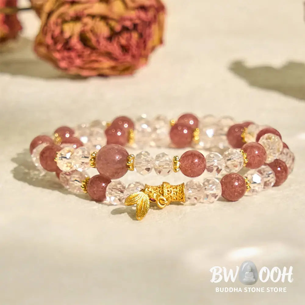 Buddha Stones Natural Strawberry Quartz Crystal Bamboo Positive Double Wrap Bracelet - BWOOOH - Strawberry Quartz(Wrist