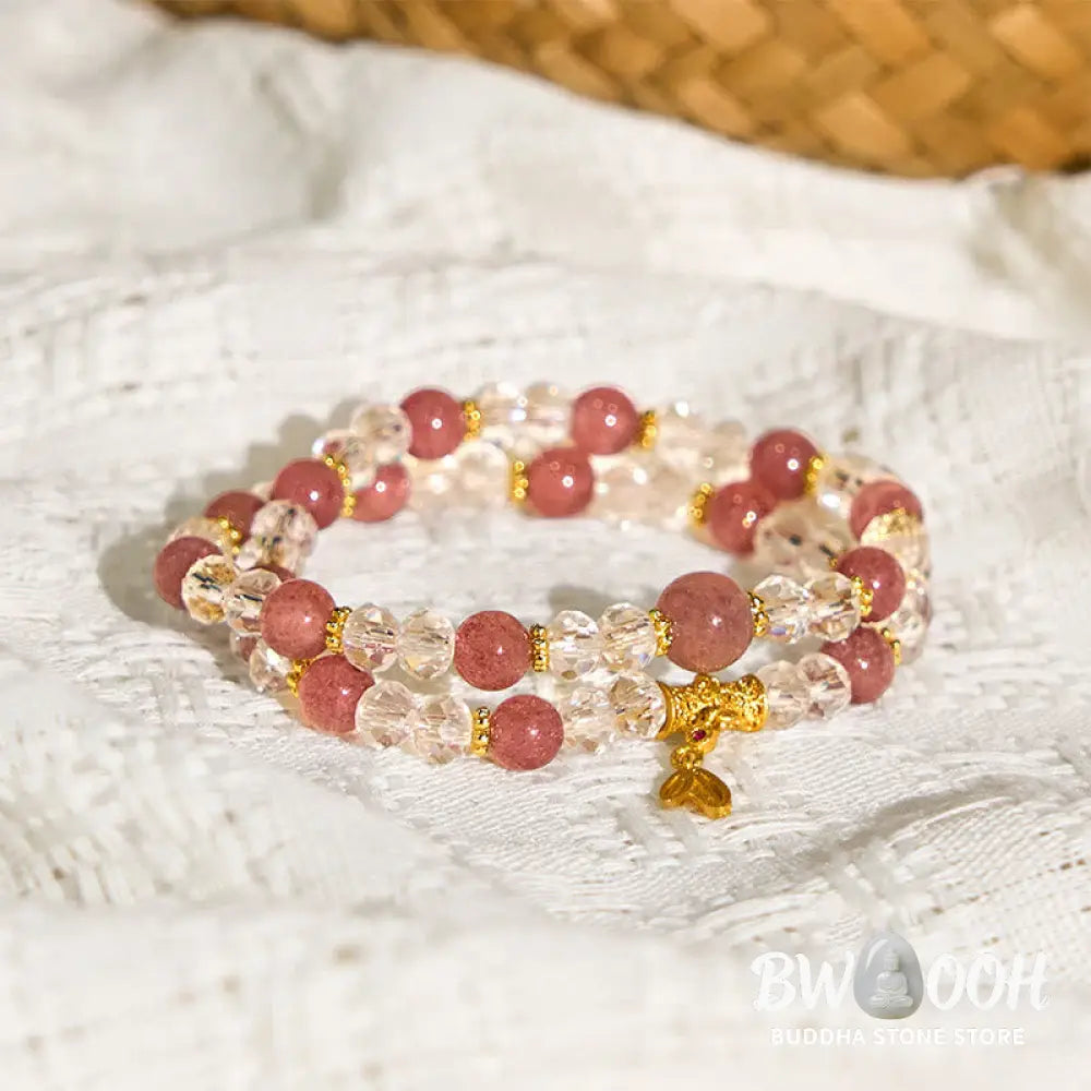 Buddha Stones Natural Strawberry Quartz Crystal Bamboo Positive Double Wrap Bracelet - BWOOOH - Strawberry Quartz(Wrist
