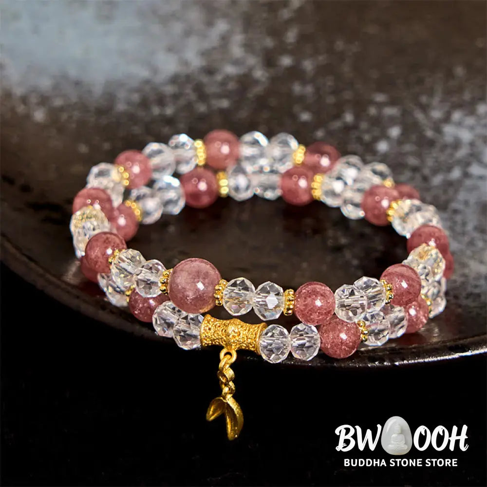 Buddha Stones Natural Strawberry Quartz Crystal Bamboo Positive Double Wrap Bracelet - BWOOOH - Strawberry Quartz(Wrist