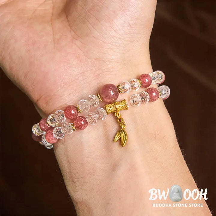 Buddha Stones Natural Strawberry Quartz Crystal Bamboo Positive Double Wrap Bracelet - BWOOOH - Strawberry Quartz(Wrist