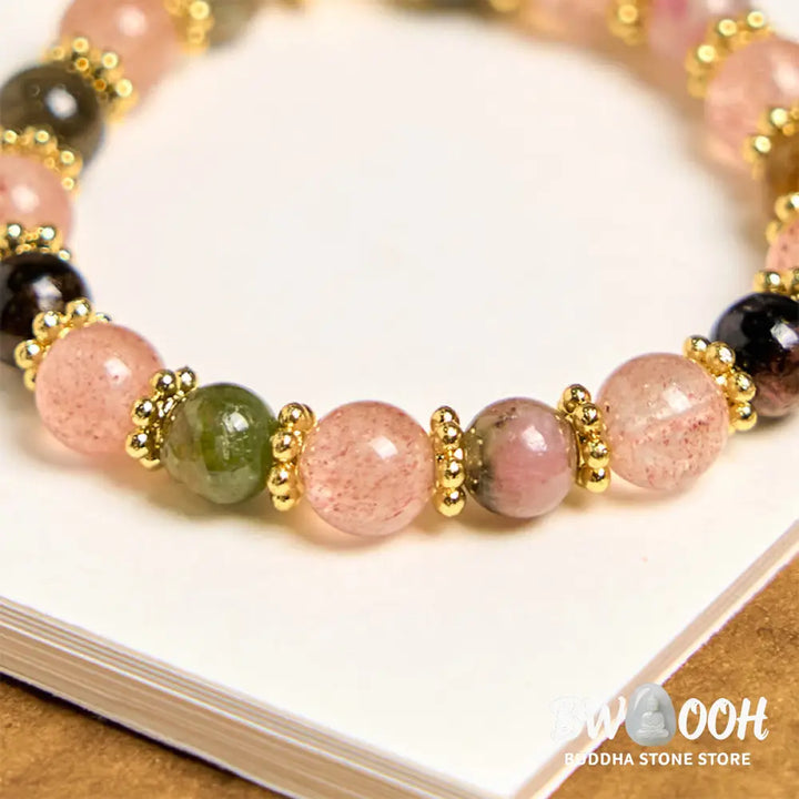 Buddha Stones Natural Strawberry Quartz Crystal Beads Positive Key Chain Phone Hanging Decoration - Strawberry Quartz