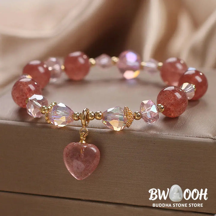 Buddha Stones Natural Strawberry Quartz Crystal Love Heart Healing Positive Bracelet - BWOOOH - Strawberry