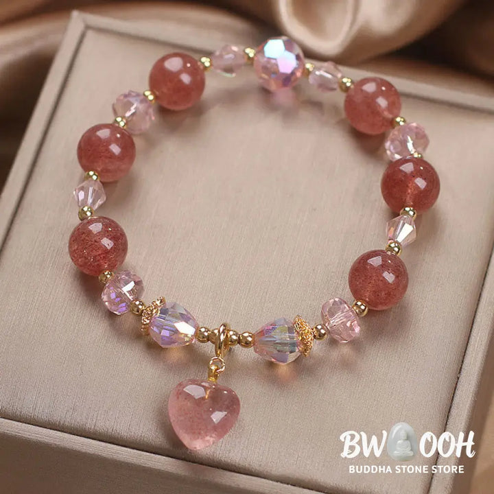 Buddha Stones Natural Strawberry Quartz Crystal Love Heart Healing Positive Bracelet - BWOOOH - Strawberry