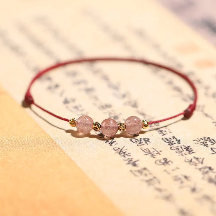 BWOOOH Natural Strawberry Quartz Crystal Love Red String Weave Bracelet Anklet - Dark Red Bracelet(Wrist